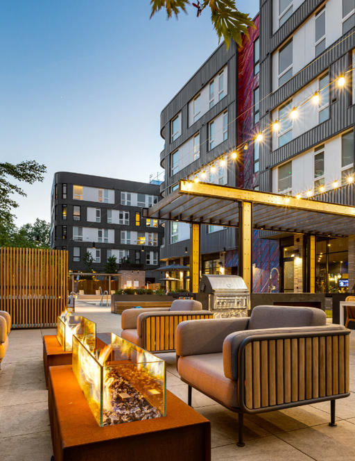 Spectra Marymoor Apartments outdoor lounge with firepits